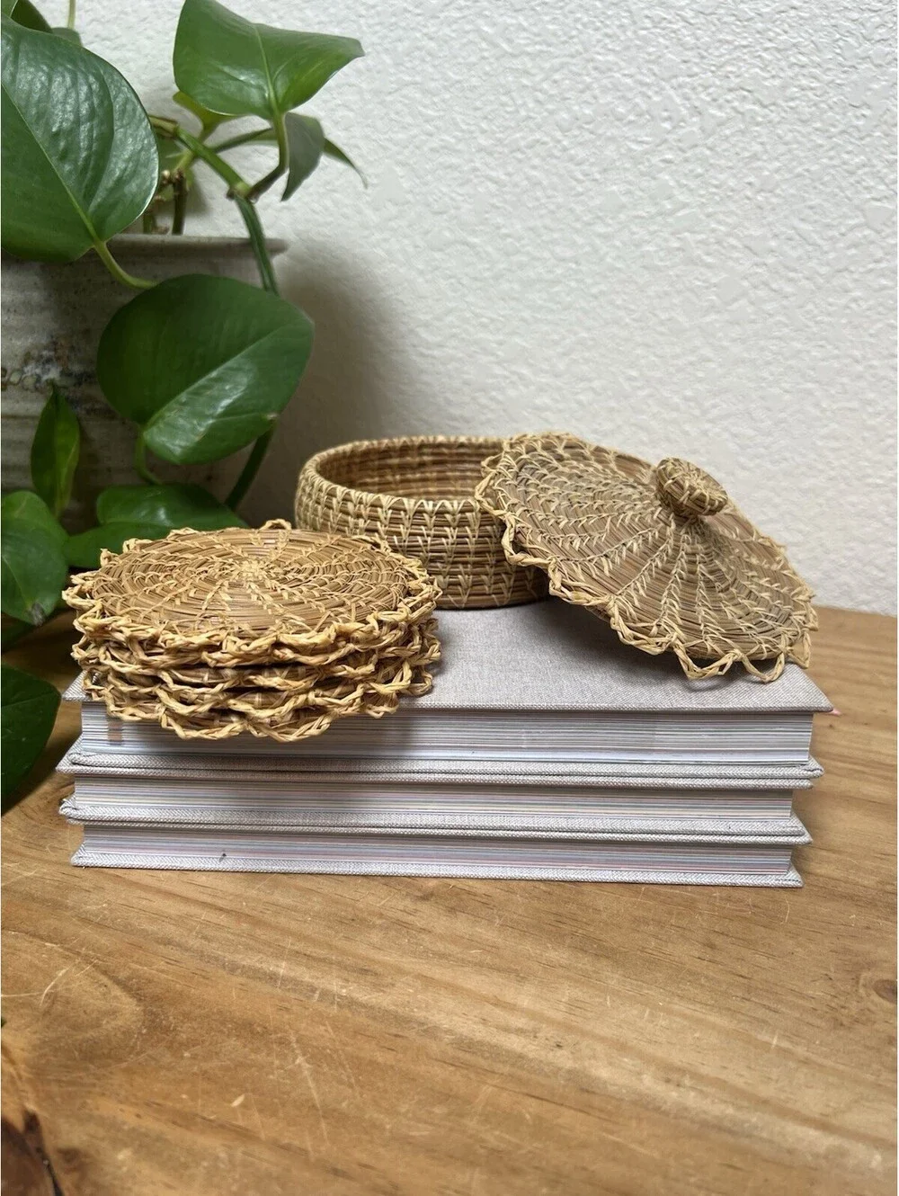 5 Vintage Woven Pine Needle Coasters and Basket with Lid Set Boho Southwest